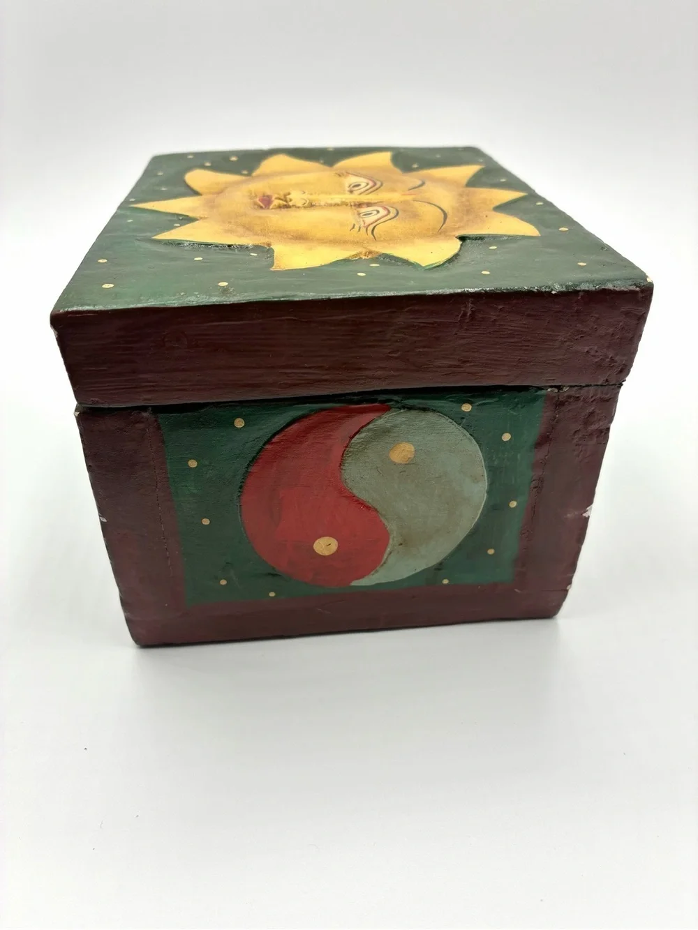 Vintage Folk Art Celestial Sun Moon Yin Yang Wooden Trinket Box